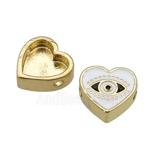 copper Heart beads with white enamel, Evil Eye, gold plated