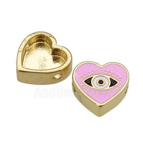 copper Heart beads with pink enamel, Evil Eye, gold plated