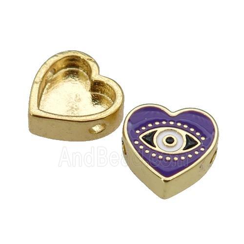 copper Heart beads with purple enamel, Evil Eye, gold plated