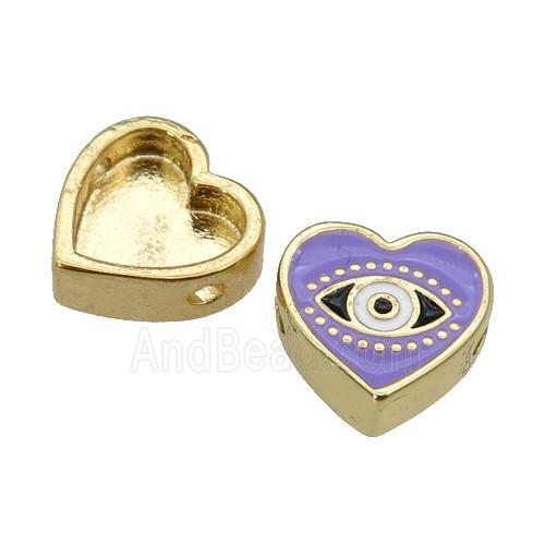 copper Heart beads with lavender enamel, Evil Eye, gold plated