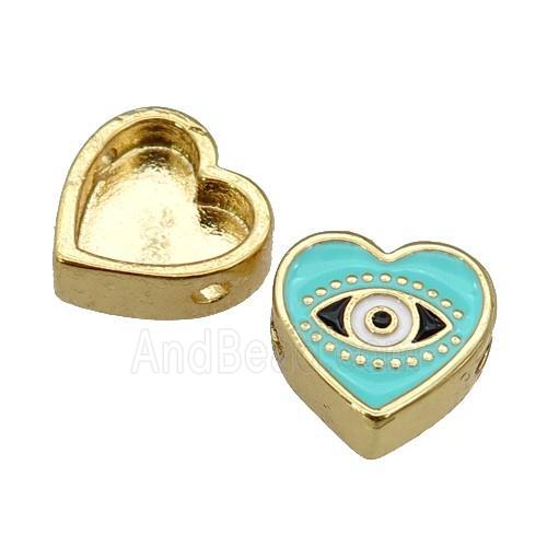 copper Heart beads with lt.green enamel, Evil Eye, gold plated