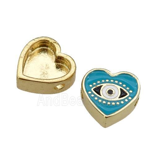 copper Heart beads with teal enamel, Evil Eye, gold plated