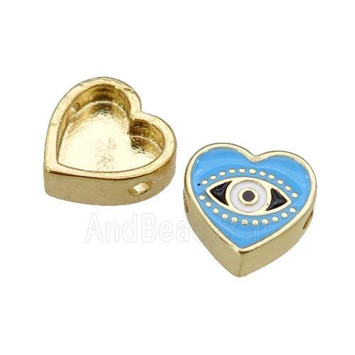 copper Heart beads with blue enamel, Evil Eye, gold plated
