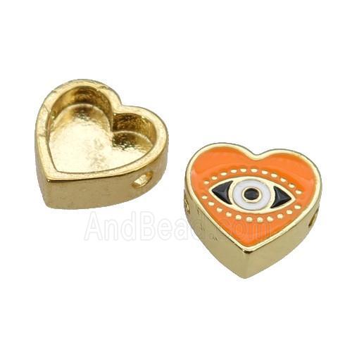 copper Heart beads with orange enamel, Evil Eye, gold plated