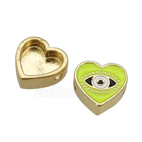 copper Heart beads with yellow enamel, Evil Eye, gold plated