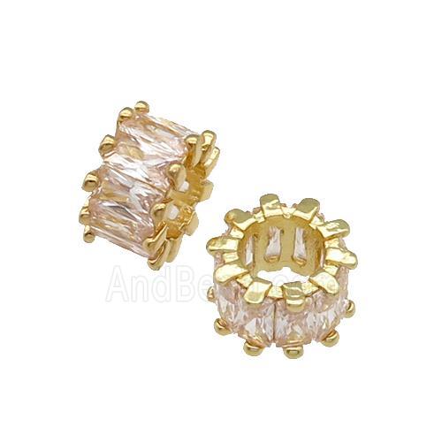 copper rondelle beads paved zircon, large hole, gold plated