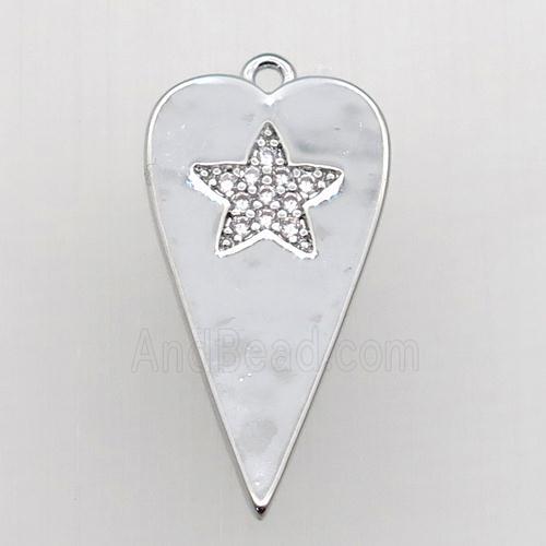 copper heart pendant paved clear zircon, platinum plated