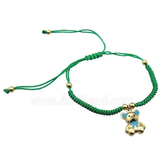 green nylon bracelet with copper bear, adjustable