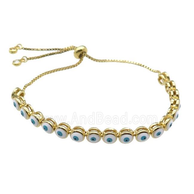 copper Bracelet with white enamel Evil Eye, adjustable, gold plated