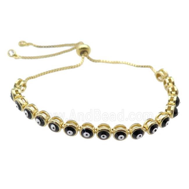 copper Bracelet with black enamel Evil Eye, adjustable, gold plated