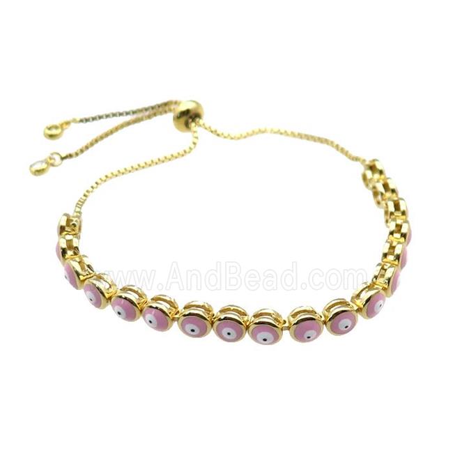 copper Bracelet with pink enamel Evil Eye, adjustable, gold plated