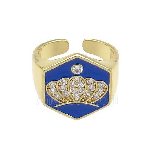 copper Crown Rings paved zircon with blue enamel, gold plated
