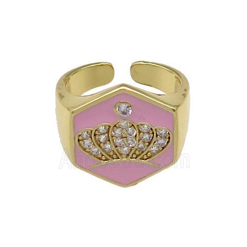 copper Crown Rings paved zircon with pink enamel, gold plated