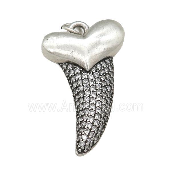 copper sharktooth charm pendant pave zircon, antique silver