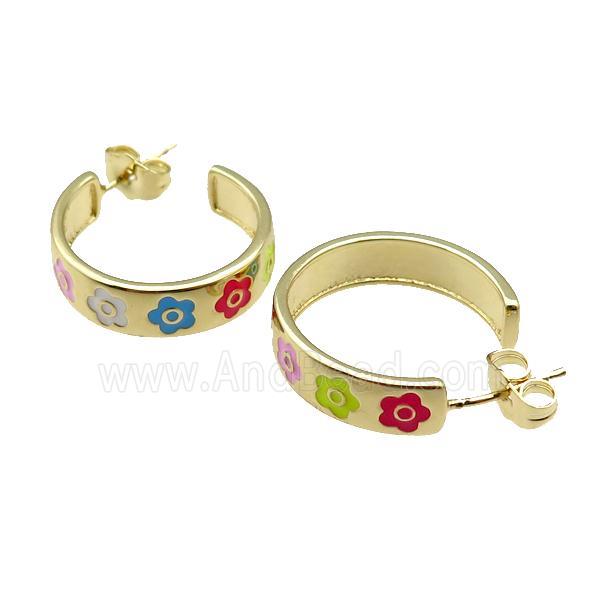 copper Stud Earring with enamel, flower, gold plated