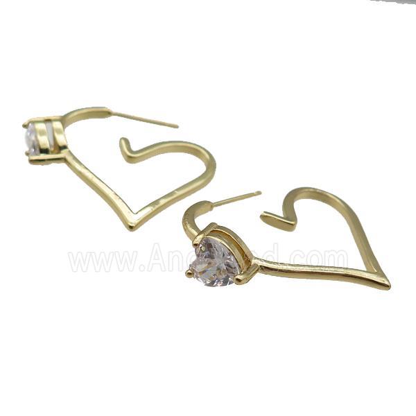 copper Stud Earring pave zircon, heart, gold plated