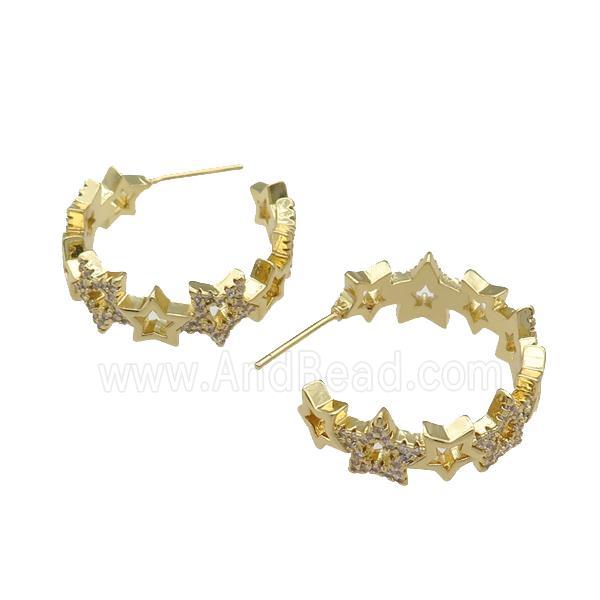 copper Stud Earring paved zircon, star, gold plated