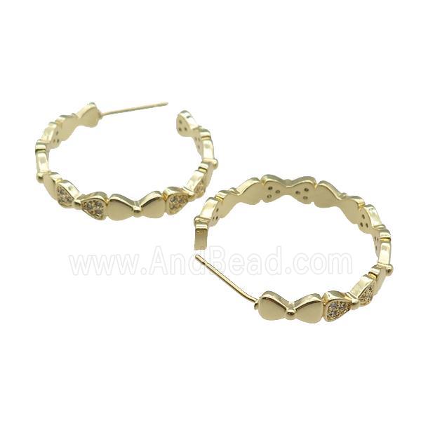 copper Stud Earring paved zircon, heart, gold plated
