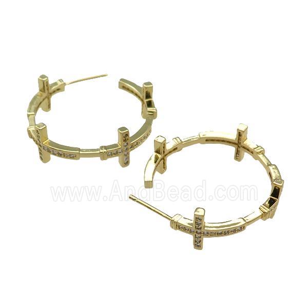 copper Stud Earring paved zircon, cross, gold plated