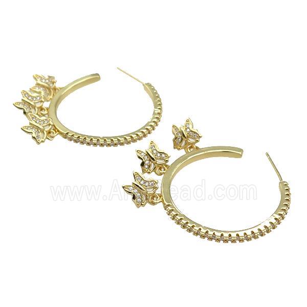 copper Stud Earring paved zircon, butterfly, gold plated