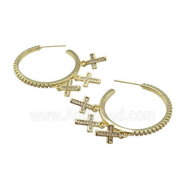 copper Stud Earring paved zircon, cross, gold plated
