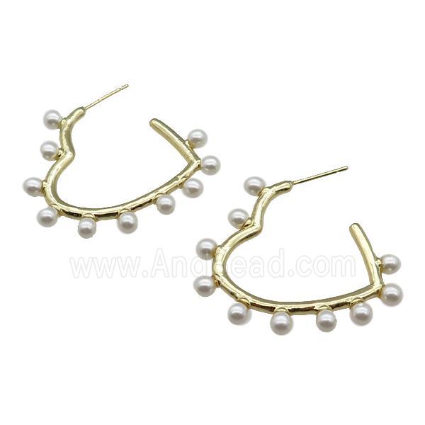 copper Stud Earring with pearlized glass, heart, gold plated