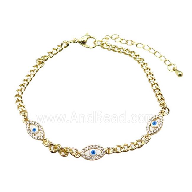 copper Bracelet paved zircon with evil eye, adjustable, gold plated