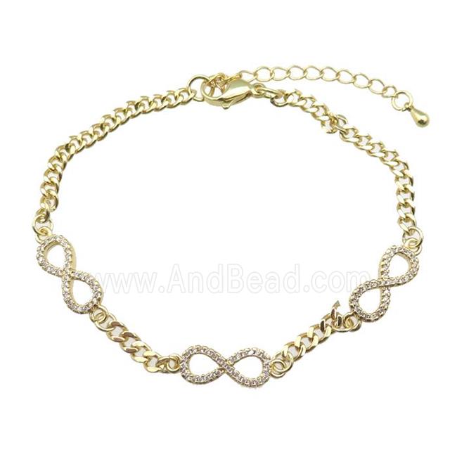copper Bracelet paved zircon with infinity, adjustable, gold plated