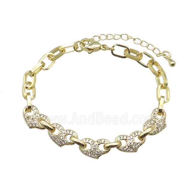 copper Bracelet with heart paved zircon, adjustable, gold plated