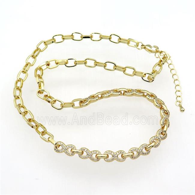 copper Necklace paved zircon, infinity, adjustable, gold plated