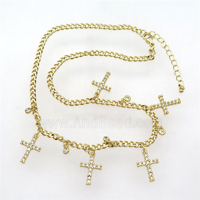 copper Necklace with cross paved zircon, adjustable, gold plated