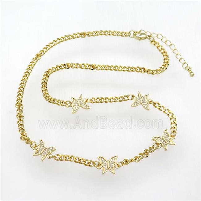 copper Necklace with butterfly paved zircon, adjustable, gold plated