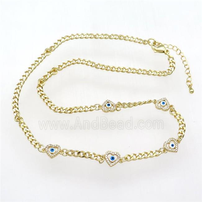 copper Necklace with heart paved zircon, adjustable, gold plated