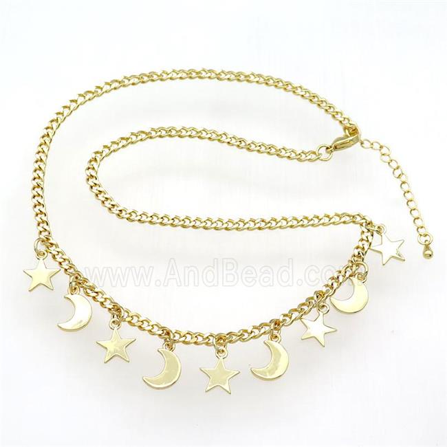 copper Necklace, moon star, adjustable, gold plated