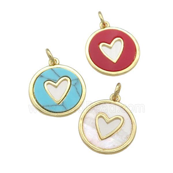 copper circle pendant pave gemstone, heart, gold plated, mixed