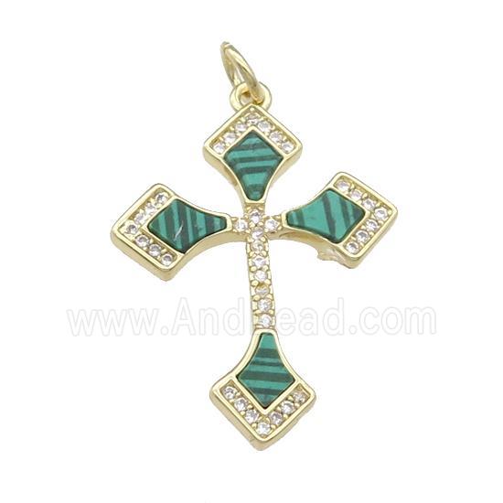 copper Cross pendant pave Malachite, gold plated
