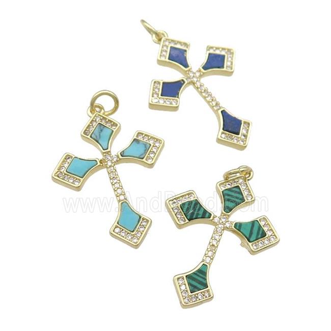 copper Cross pendant pave gemstone, gold plated, mixed
