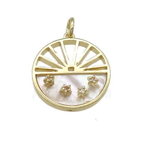 copper circle pendant pave shell, gold plated