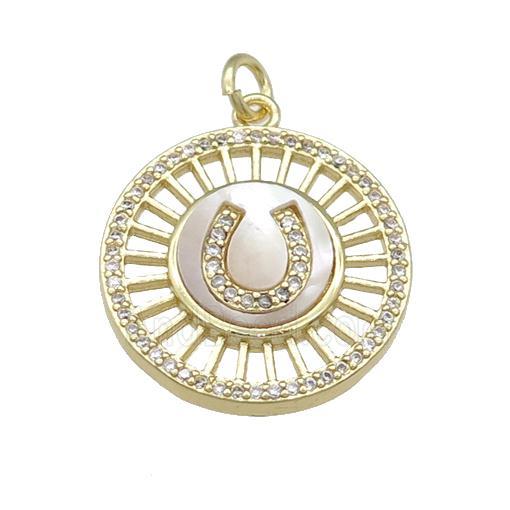 copper circle pendant pave shell, gold plated