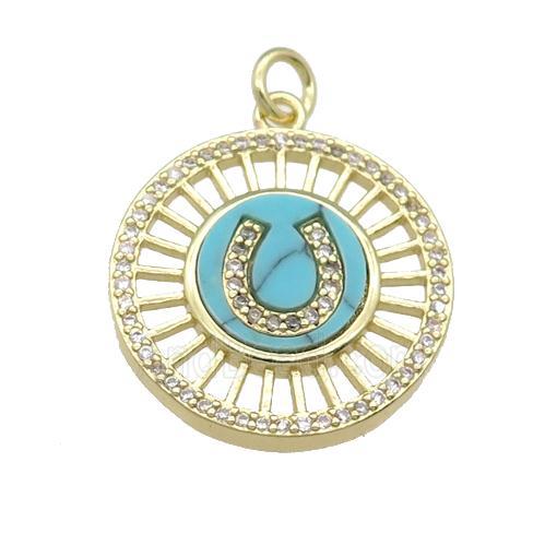 copper circle pendant pave Turquoise, gold plated