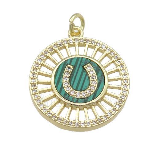 copper circle pendant pave Malachite, gold plated