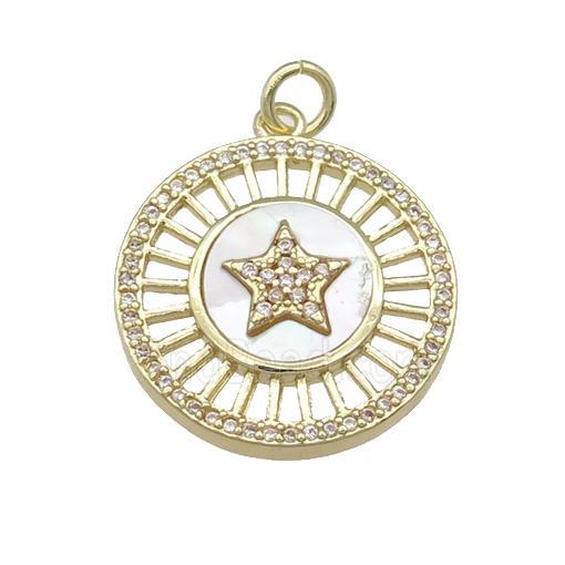 copper circle pendant pave shell, star, gold plated