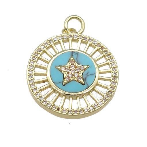 copper circle pendant pave Turquoise, star, gold plated