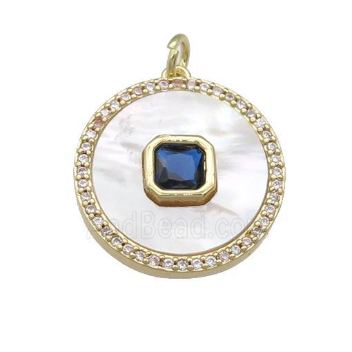 copper circle pendant pave shell, blue zircon, gold plated