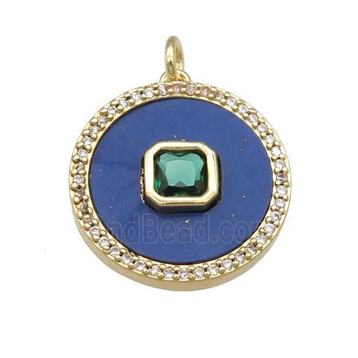 copper circle pendant pave Lapis, green zircon, gold plated