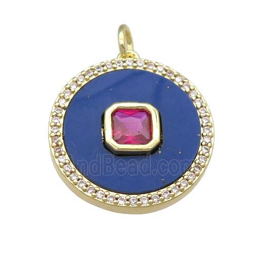 copper circle pendant pave Lapis, hotpink zircon, gold plated