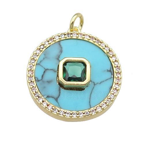 copper circle pendant pave Turquoise, green zircon, gold plated