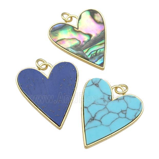 copper Heart pendant paved gemstone, gold plated, mixed