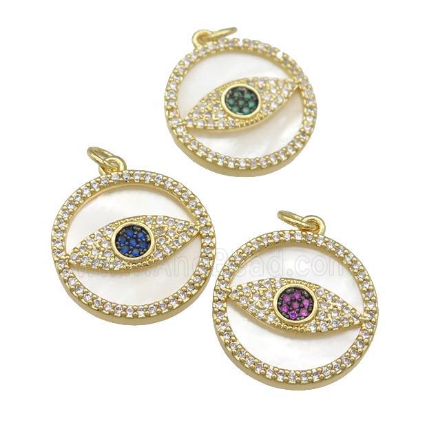 copper circle Eye pendant paved zircon, shell, gold plated, mixed