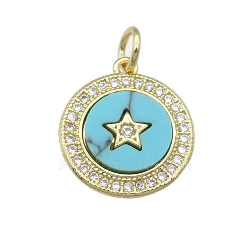 copper circle Star pendant paved Turquoise, zircon, gold plated